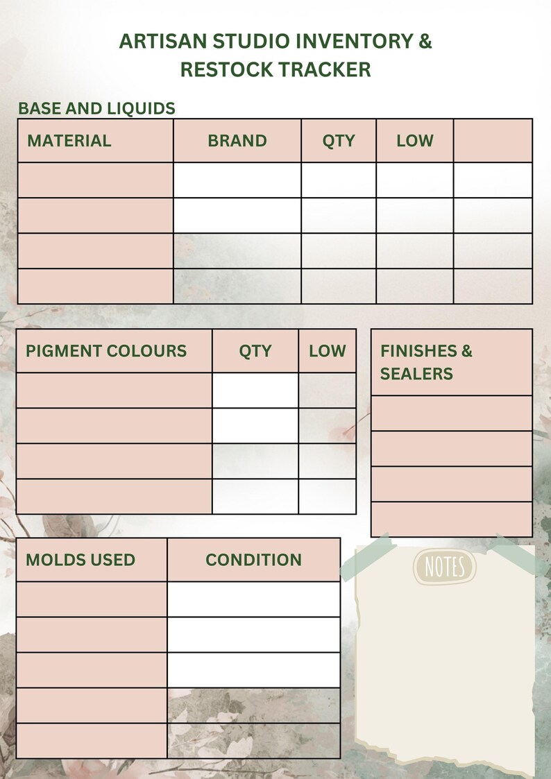 Studio Inventory Tracker, Resin/ Jesmonite Material Restock Sheet (A4 ...