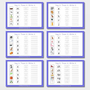 May include: Six educational activity cards with a purple border. Each card features the text "Say it. Trace it. Write it" and includes letters, words, and corresponding illustrations for tracing and writing practice. The cards are designed for early learning.