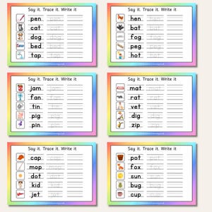 May include: Six colorful educational worksheets with the text "Say it. Trace it. Write it." Each worksheet features words and corresponding images for tracing and writing practice. The words include "pen," "cat," "dog," and more.