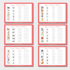 May include: Six educational flashcards with a pink border, featuring the text "Say it. Trace it. Write it." Each card displays letters, corresponding images, and tracing lines for handwriting practice. The cards are designed for early learning.