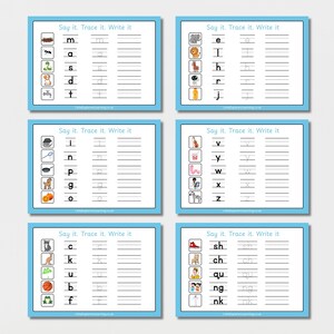 May include: Six blue-framed educational cards with the text "Say it. Trace it. Write it." Each card features letters, corresponding images, and lines for tracing and writing. The cards are designed for early literacy and handwriting practice.