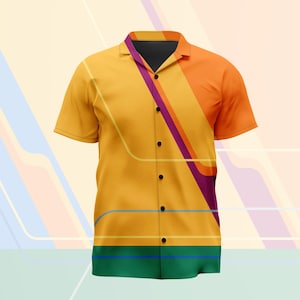May include: A short-sleeve button-down shirt featuring a vibrant yellow base with an abstract design of diagonal purple and orange stripes. The shirt includes a dark green horizontal band at the bottom, a notched collar, and black buttons down the front.