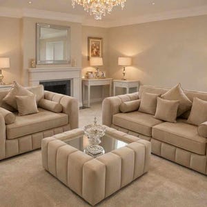 May include: A beige living room suite comprising a sofa, a two-seater sofa, and a square coffee table. The furniture has a tufted design and is accessorised with cushions. The room is lit by lamps and a chandelier.