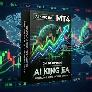 Könnte beinhalten: Eine schwarze Box mit dem Text "AI KING EA" und "MT4" wird vor dem Hintergrund von Börsendiagrammen angezeigt. Die Box zeigt eine Weltkugel-Grafik und die Worte "Online Trading". Das Bild enthält grüne und blaue Pfeile nach oben.