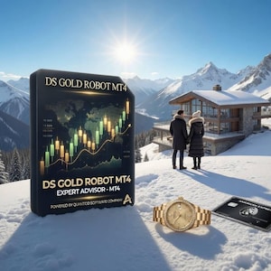 Pode incluir: Uma caixa de produto preta e dourada com o texto "DS GOLD ROBOT MT4" e um gráfico de tabela. Um relógio de pulso dourado e um cartão American Express preto estão em primeiro plano. Um casal está perto de uma casa de luxo em um cenário de montanha nevada.