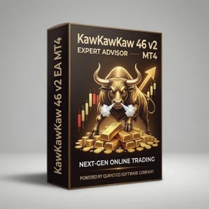 Puede incluir: Caja de producto con el texto "KawkawKaw 46 v2 EA MT4" y "Next-Gen Online Trading". Presenta un toro dorado con una flecha ascendente, lingotes de oro y un gráfico de velas, sugiriendo un tema financiero.