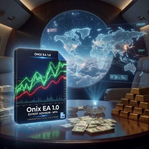 Könnte beinhalten: Ein Bild, das Reichtum und Finanzhandel darstellt. Es zeigt eine Box mit "Onix EA 1.0" und einem Aktienchart, umgeben von Bargeld, Goldbarren und einer Weltkarte, die globale Märkte suggeriert.