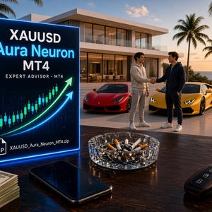 May include: A rectangular box labeled XAUUSD Aura Neuron MT4 Expert Advisor with a green and blue upward trending graph, stacks of US dollar bills, a black smartphone, a glass ashtray with cigarette butts, and a car key fob on a table.