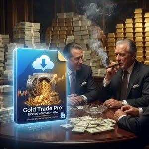 May include: Three men in suits sit at a table surrounded by cash and gold bars. A digital file, "Gold Trade Pro Expert Advisor - MT4", is prominent. One man smokes a cigar, adding to the scene's opulence.