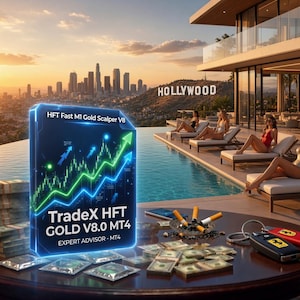 May include: A rectangular digital display featuring the text HFT Fast M1 Gold Scalper V8 and TradeX HFT GOLD V8.0 MT4, showing a glowing green upward trend line graph, positioned next to stacks of US dollar bills, a glass ashtray, and car keys.
