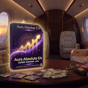 Könnte beinhalten: Innenraum eines Privatjets mit einem Tisch, auf dem sich eine Box mit der Aufschrift "Aura Absolute EA", Bargeld, Schlüssel und kleine Päckchen befinden. Die Box zeigt eine goldene Pfeilgrafik. Der Text enthält "EXPERT ADVISOR - MT4" und "POWERED BY QUANTICO SOFTWARE COMPANY".