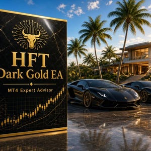 May include: A black rectangular box with gold trim and marble texture featuring a gold bull logo, the text HFT Dark Gold EA, MT4 Expert Advisor, and a gold candlestick chart graphic. The box is positioned on a reflective surface outdoors.