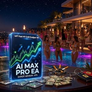 May include: A rectangular software box labeled HFT Fast M1 Gold Scalper V8 and AI MAX PRO EA EXPERT ADVISOR - MT4, featuring a glowing green and blue stock market line graph, displayed on a table with stacks of cash and car key fobs.