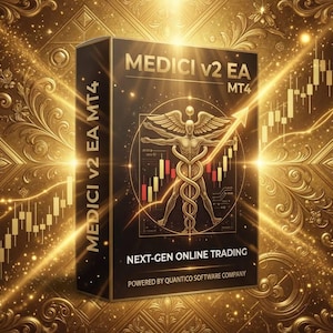 Könnte beinhalten: Eine Produktbox mit dem Text "MEDICI V2 EA MT4" und "NEXT-GEN ONLINE TRADING". Die Box zeigt einen goldenen Hintergrund mit einer stilisierten Illustration einer menschlichen Figur mit Flügeln und Stab sowie einem aufsteigenden Pfeil.
