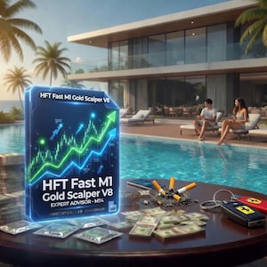 Peut inclure: Une boîte bleu foncé avec le texte "HFT Fast M1 Gold Scalper V8" et un graphique vert et bleu ascendant. La boîte est sur une table avec des liasses d'argent, de petits paquets argentés et un porte-clés de voiture. Une piscine et une maison de luxe sont en arrière-plan.
