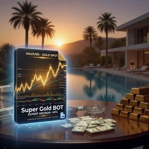 Peut inclure: Image à thème financier avec un produit "Super Gold BOT" affichant un graphique des prix de l'or. Des liasses de billets et des lingots d'or sont sur une table, avec une maison de luxe et une piscine en arrière-plan. Le texte "XAU/USD - GOLD SPOT" est visible.