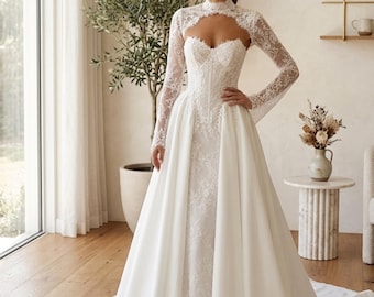 Strapless A-Line Lace Wedding Dress, Removable Lace Jacket, Illusion Bridal Gown, Custom Princess Wedding Dress, Elegant Bride