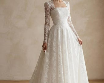 Boho Lace Wedding Dress A-Line Bridal Gown Square Neck Long Sleeve Wedding Dress Custom Romantic Bride Dress