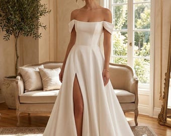 Soft Satin A-Line Wedding Dress, Off Shoulder Bridal Gown, Sleeveless Wedding Dress with Long Train, Custom Princess Bride Dress