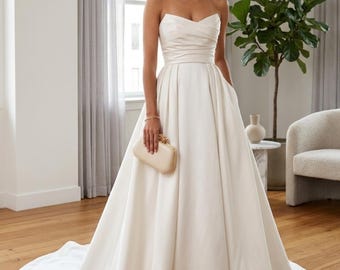 Simple A Line Wedding Dress, Sweetheart Neck Bridal Gown, Pleated Floor Length Wedding Gown, Custom Bride Dress, Elegant Reception Gown