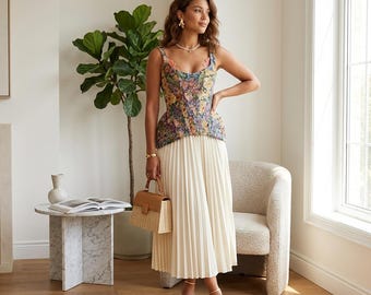 Floral Corset Top for Women, Sleeveless Backless Tank Top, Cinched Waist Zipper Top, Slim Fit Summer Floral Top, Chic Elegant Women's Top