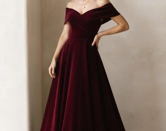 Luxury Wine Red Velvet Evening Dress Off Shoulder Maxi Gown Elegant Formal Party Dress Wedding Guest Outfit