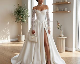 Off Shoulder Satin Wedding Dress, A Line Bridal Gown with Appliqué Sleeves, Lace Up Back, Floor Length Side Slit, Custom Wedding Gown