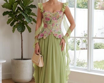Light Green Floral Prom Dress, A Line Evening Gown, Ruched Strap Formal Dress, Floor Length Party Gown, Elegant Wedding Guest Dress