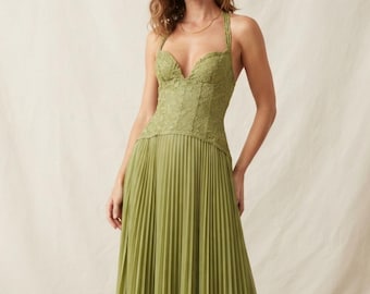 Halter Corset Maxi Dress Pleated Formal Evening Gown Elegant Vintage Wedding Guest Dress Green Party Dress for Women