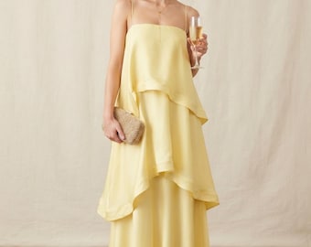 Yellow A-Line Evening Dress Spaghetti Strap Backless Prom Gown Layered Tulle Floor Length Formal Party Dress Custom Made