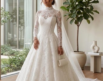 High Neck Lace Wedding Dress, Long Sleeve A-Line Bridal Gown, Princess Wedding Dress, Sweep Train Bride Dress, Custom Wedding Gown