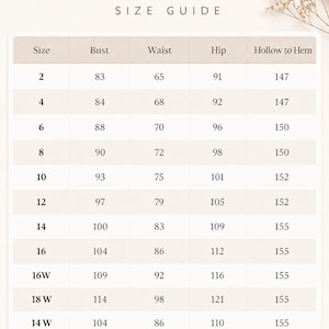 May include: A size guide chart for Esrenza featuring columns for size, bust, waist, hip, and hollow to hem measurements. The table lists numerical sizes from 2 to 18W with corresponding metric values. A bottom row includes fields for custom size.