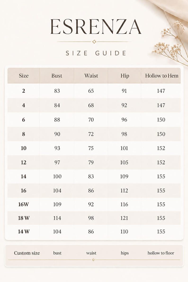 May include: A size guide chart for Esrenza featuring columns for size, bust, waist, hip, and hollow to hem measurements. The table lists numerical sizes from 2 to 18W with corresponding metric values. A bottom row includes fields for custom size.