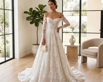 A Line Lace Wedding Dress, Sweetheart Neck Bridal Gown, Floor Length Wedding Dress with Sweep Train, Classic Custom Bridal Dress