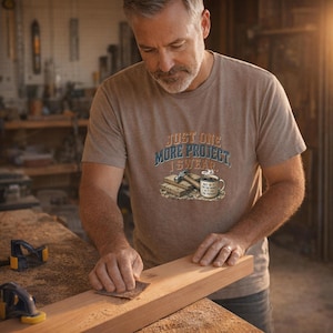 Funny woodworking shirt in Heather Stone - sanding