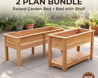 Cedar Raised Garden Bed Plans Bundle | 2 PDF Plans, Standing Planter with Shelf | Beginner Woodworking, Instant Digital Download