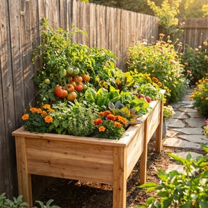 Può includere: Un'aiuola rialzata rettangolare in legno marrone chiaro, riempita con una varietà di piante tra cui piante di pomodoro con pomodori rossi e verdi, verdure a foglia verde e fiori di calendula arancioni brillanti negli angoli anteriori.