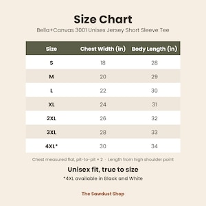 Size chart S to 4XL Bella Canvas 3001