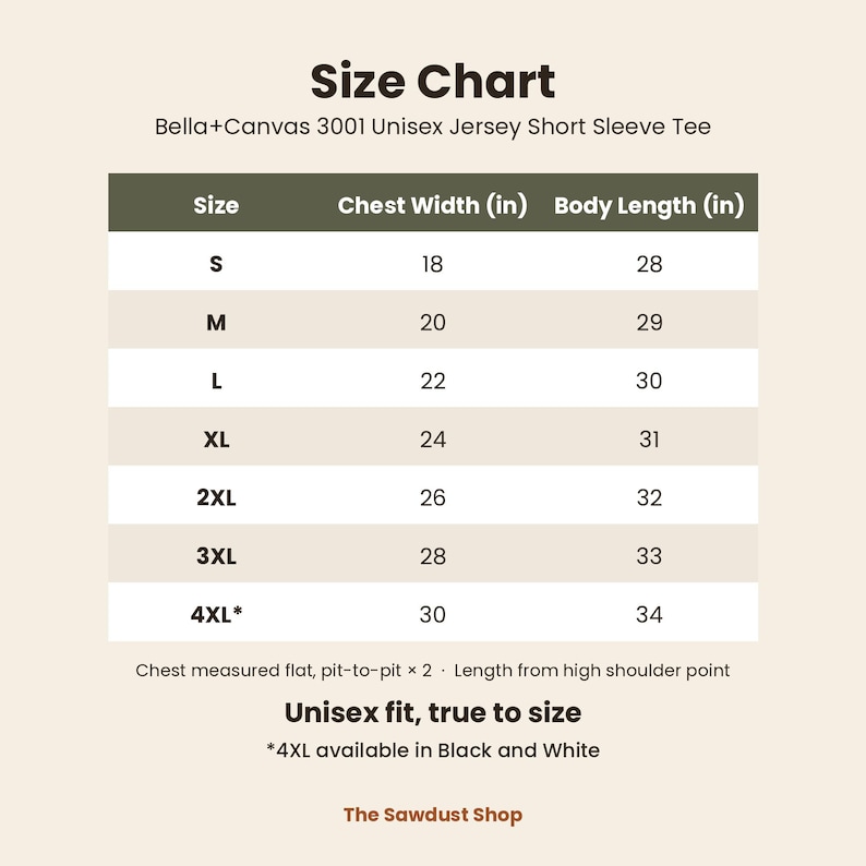 Size chart S to 4XL Bella Canvas 3001