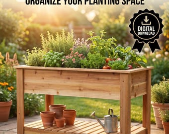 Raised Garden Bed Plans – Cedar Wood, Built-in Shelf (PDF Download)