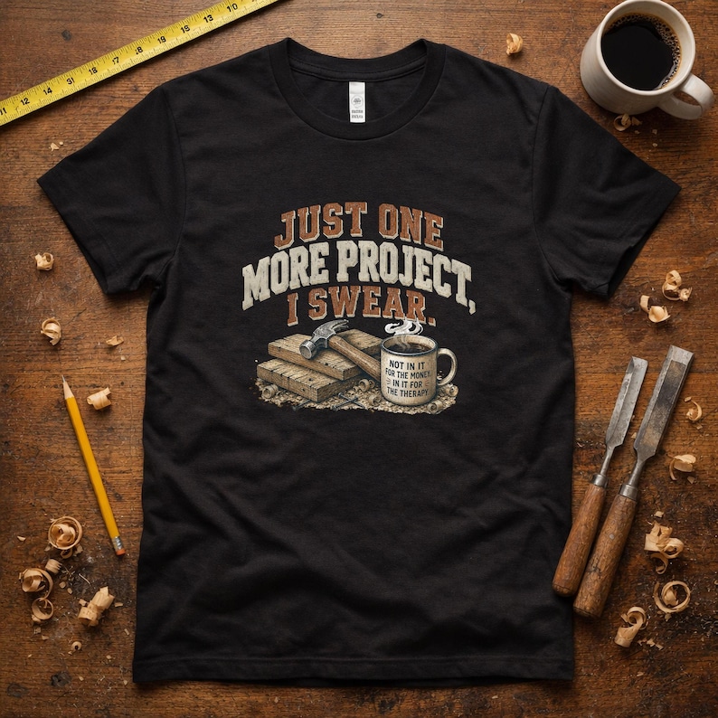 Just One More Project I Swear shirt in Black - workbench