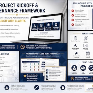 May include: A digital graphic promoting a project kickoff and governance framework. The image features a laptop displaying a project governance overview, with text highlighting structure, leadership, and clarity. It includes sections on achieving goals, professional slides, and who it's for.