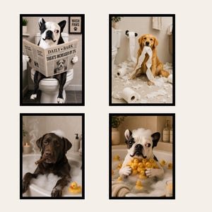 May include: A set of four framed wall art prints featuring dogs in bathroom settings. One shows a Boston Terrier reading a Daily Bark newspaper, another a Golden Retriever with toilet paper, a Labrador with a cigar, and a French Bulldog with rubber ducks.
