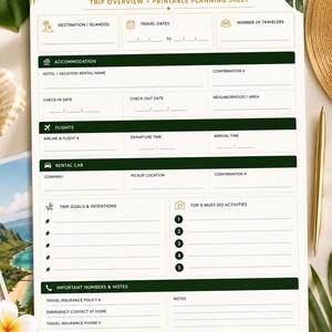 May include: A printable travel planning sheet titled My Hawaii Trip with sections for destination, travel dates, accommodation, flights, rental car, trip goals, and activities. The document features dark green headers and gold text accents.