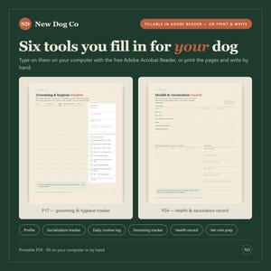 K&ouml;nnte beinhalten: Ein digitales, druckbares Dokumentenset mit dem Titel Six tools you fill in for your dog, das einen Grooming & hygiene tracker und einen Health & vaccination record enth&auml;lt. Die cremefarbenen Seiten mit dunklem Text sind f&uuml;r Adobe Reader.
