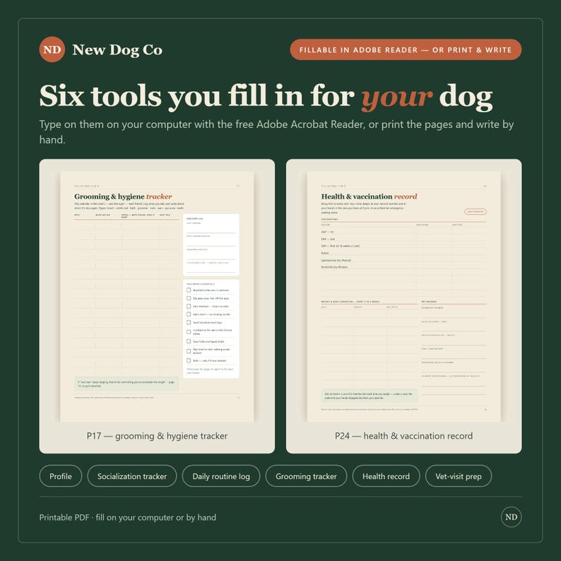 K&ouml;nnte beinhalten: Ein digitales, druckbares Dokumentenset mit dem Titel Six tools you fill in for your dog, das einen Grooming & hygiene tracker und einen Health & vaccination record enth&auml;lt. Die cremefarbenen Seiten mit dunklem Text sind f&uuml;r Adobe Reader.