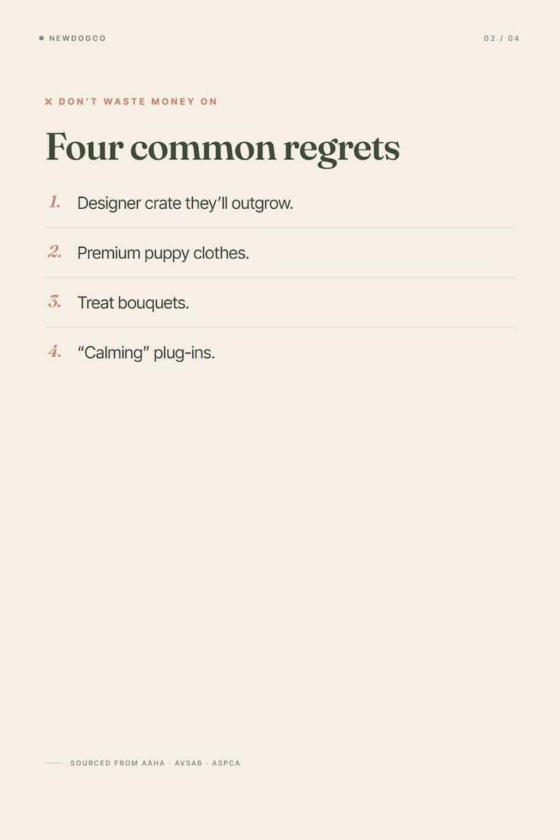 May include: A beige graphic with the text "Four common regrets" in a bold, dark green font. The list includes designer crates, puppy clothes, treat bouquets, and calming plug-ins. The NewDogCo logo is at the top left.