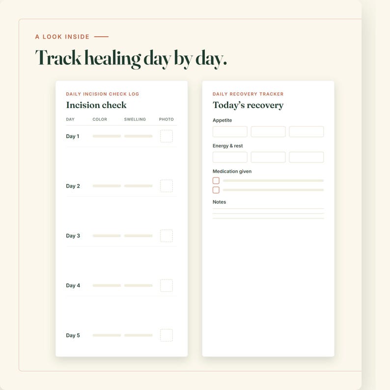 May include: A recovery tracking document titled A LOOK INSIDE Track healing day by day. It features two sections: a Daily Incision Check Log with columns for day, color, swelling, and photo, and a Daily Recovery Tracker for appetite, energy, and medication.