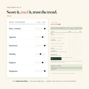 Puede incluir: Una tabla de seguimiento de calidad de vida con el t&iacute;tulo THE HEART OF IT Score it, track it, trust the trend. Incluye una secci&oacute;n de puntuaci&oacute;n para dolor, apetito, hidrataci&oacute;n, movilidad, higiene y felicidad con marcadores circulares.