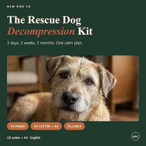 Op de afbeelding: Een digitale gids getiteld The Rescue Dog Decompression Kit met de tekst 3 days. 3 weeks. 3 months. One calm plan. De afbeelding toont een ruwharige beige hond en bevat labels voor 18 pagina's, US Letter + A4 en invulbare opties.